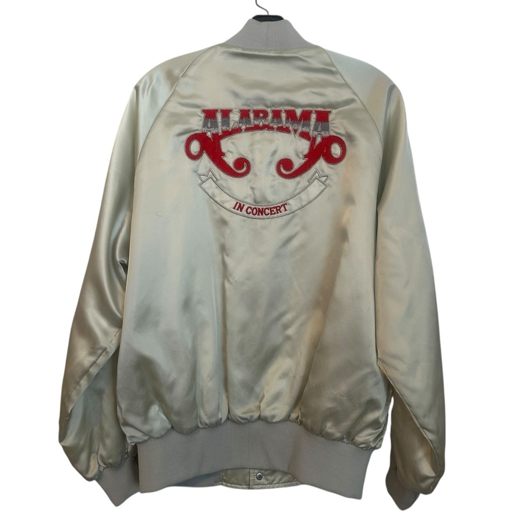Vintage 80s Alabama in Concert Silver Satin Bomber Jacket Red Embroidery Size L